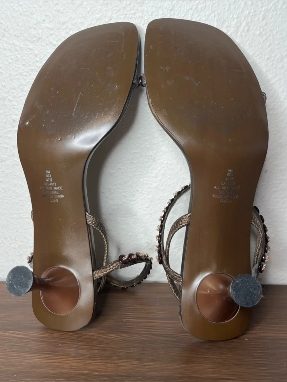 Vintage Brown Bronze Button Embellished Strappy Slingback Kitten Heels - Picture 9 of 10